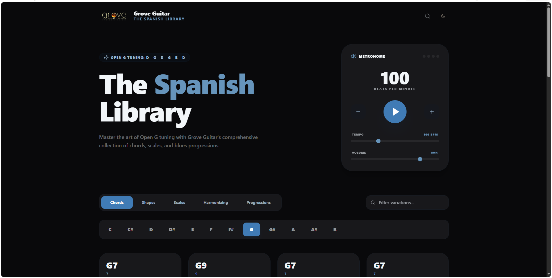 Spanish Tuning — Open G web app screenshot