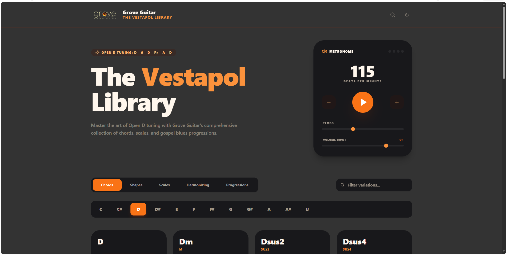 Vestapol Tuning — Open D web app screenshot